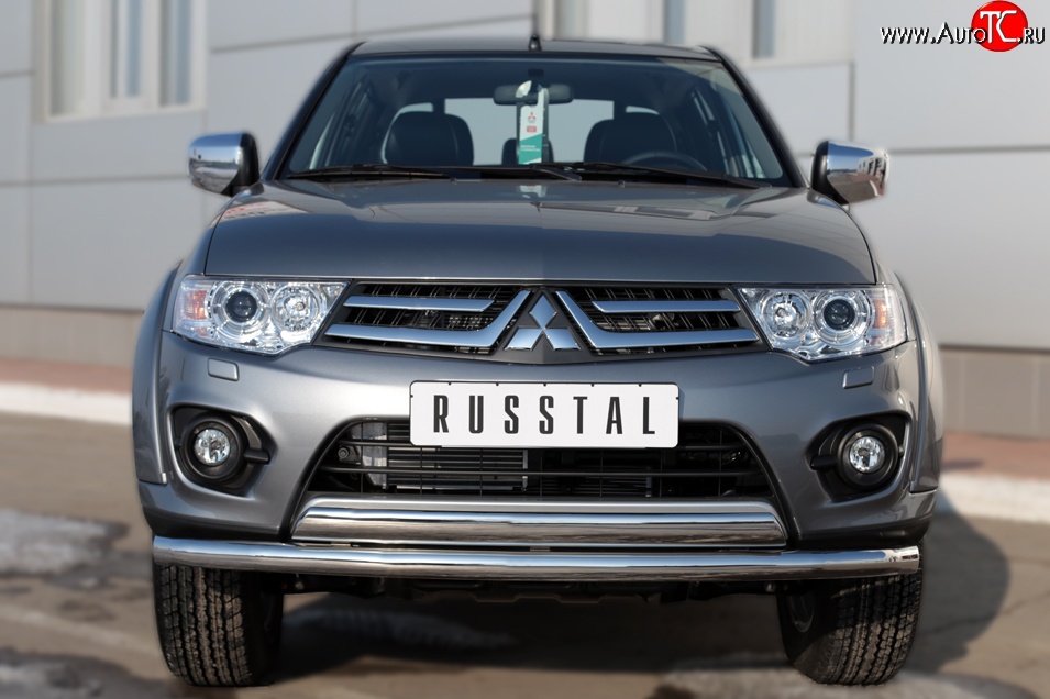 14 399 р. Защита переднего бампера (2 трубы Ø63 и 75х42 мм, нержавейка) Russtal Mitsubishi L200 5 KK,KL дорестайлинг (2015-2019)  с доставкой в г. Пермь