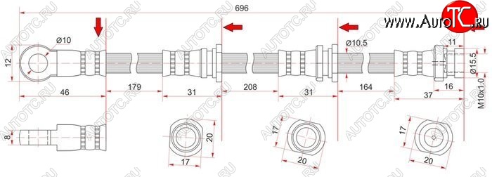 669 р. Тормозной шланг SAT (передний, LH=RH, пр-во Таиланд) Mitsubishi Montero Sport PA дорестайлинг (1996-2000)  с доставкой в г. Пермь