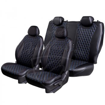 13 949 р. Чехлы для сидений Lord Autofashion Байрон (экокожа, раздельная спинка и сиденья, 3 Г-образных подголовника)  Mitsubishi Outlander  GF (2012-2018) дорестайлинг, 1-ый рестайлинг, 2-ой рестайлинг (Черный, вставка черная, строчка синяя)  с доставкой в г. Пермь. Увеличить фотографию 7