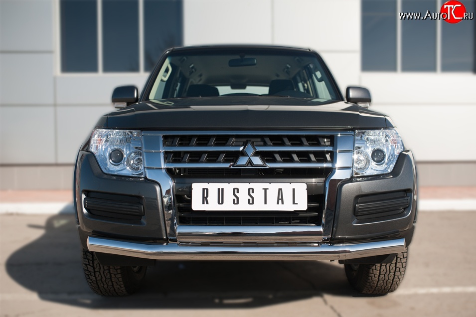 17 799 р. Защита переднего бампера (2 трубы Ø76 и 75х42 мм, нержавейка) Russtal Mitsubishi Pajero 4 V90 2-ой рестайлинг (2014-2020)  с доставкой в г. Пермь