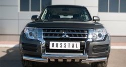 Защита переднего бампера (2 трубы Ø76 мм с зубами, нержавейка) SLITKOFF Mitsubishi Pajero  4 V90 (2014-2020) 2-ой рестайлинг