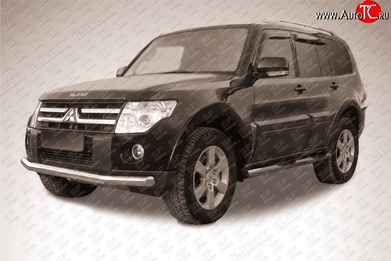 13 499 р. Одинарная защита переднего бампера из трубы диаметром 76 мм Slitkoff Mitsubishi Pajero 4 V90 дорестайлинг (2006-2011) (Нержавейка, Полированная)  с доставкой в г. Пермь