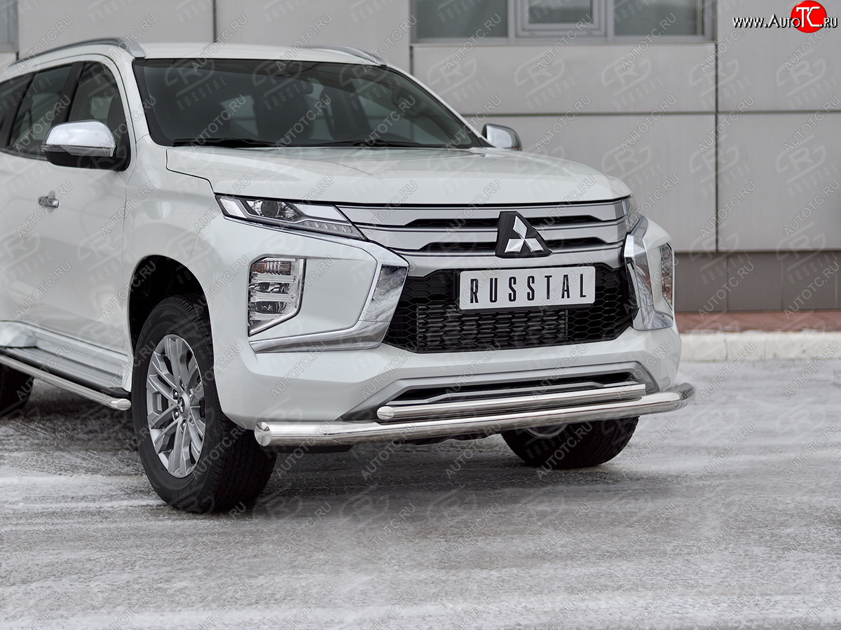23 999 р. Защита переднего бампера (2 трубы Ø76 и 42 мм, нержавейка) SLITKOFF Mitsubishi Pajero Sport QF рестайлинг (2019-2022)  с доставкой в г. Пермь