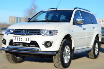 Пороги труба d63 с листом (Лист нерж,проф.нерж)(Вариант3) (2013-2015) SLITKOFF Mitsubishi Pajero Sport  PB (2008-2013) дорестайлинг