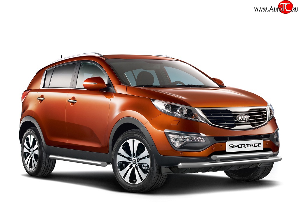 10 399 р. Двойная защита переднего бампера Petroil-Tuning 63 мм KIA Sportage 3 SL дорестайлинг (2010-2014) (Нержавеющая полированная сталь)  с доставкой в г. Пермь