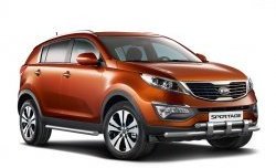 Двойная защита переднего бампера Petroil-Tuning 63 мм с пластинами KIA Sportage 3 SL дорестайлинг (2010-2014) (Нержавеющая полированная сталь)