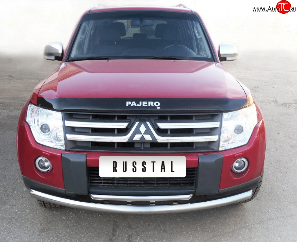 20 599 р. Защита переднего бампера (2 трубыØ76 и 42 мм, нержавейка) SLITKOFF  Mitsubishi Pajero ( 4 V90,  4 V80) (2006-2011) дорестайлинг  с доставкой в г. Пермь