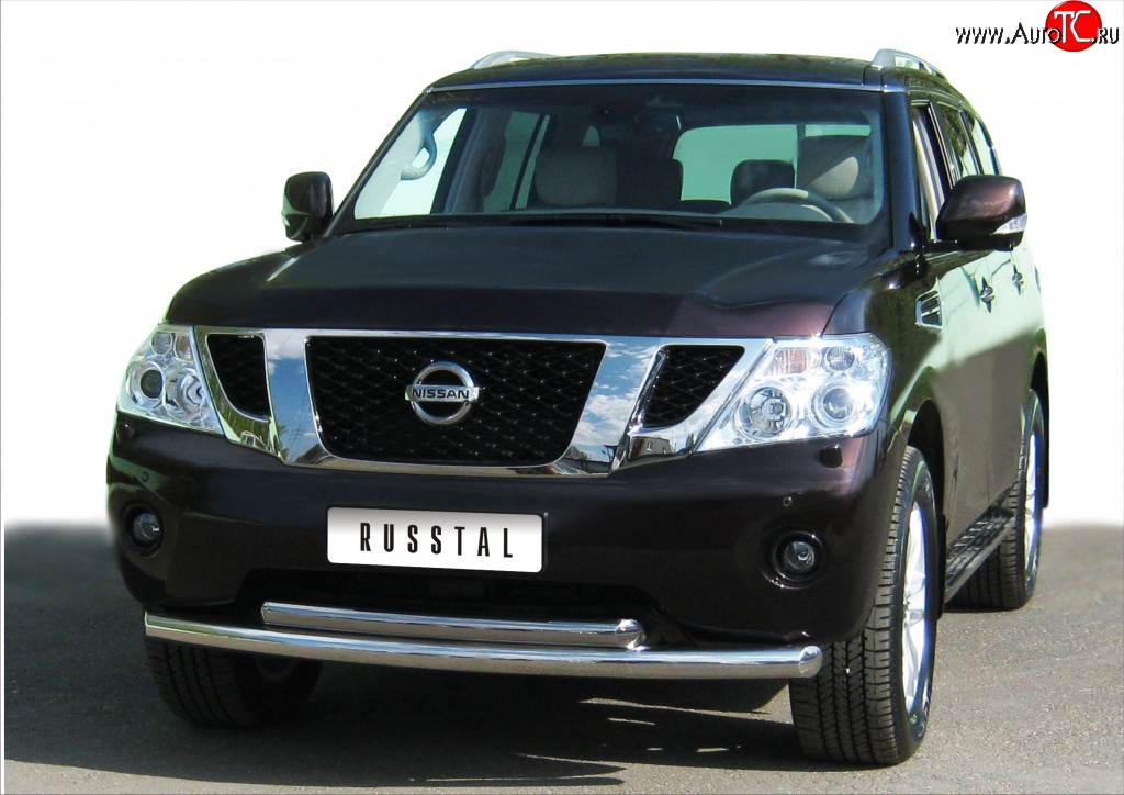 22 999 р. Защита переднего бампера (2 трубыØ76 и 63 мм, нержавейка) SLITKOFF Nissan Patrol 6 Y62 дорестайлинг (2010-2014)  с доставкой в г. Пермь
