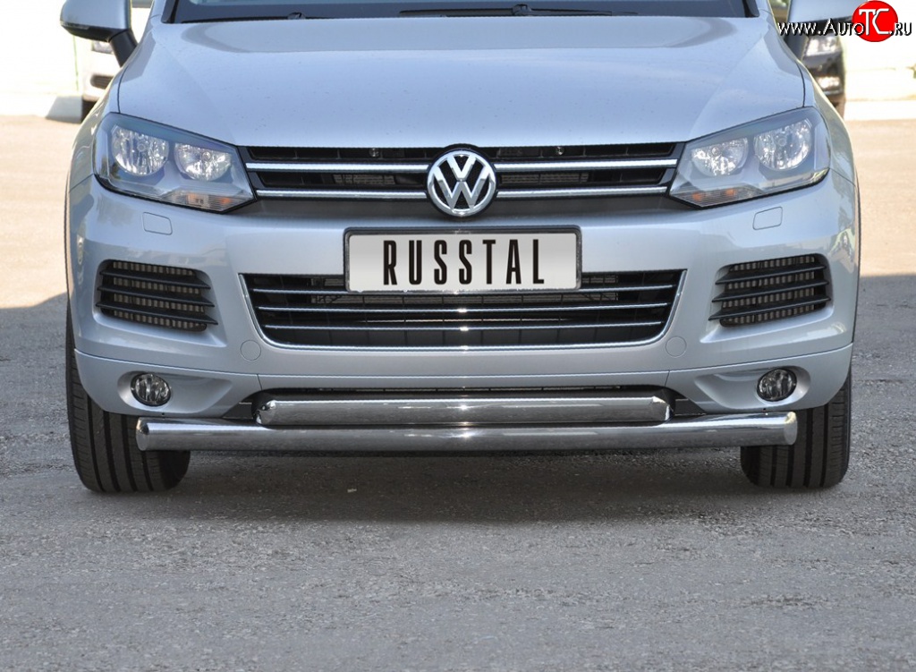 22 549 р. Защита переднего бампера (2 трубыØ76 и 63 мм, нержавейка) SLITKOFF  Volkswagen Touareg  NF (2010-2014) дорестайлинг  с доставкой в г. Пермь
