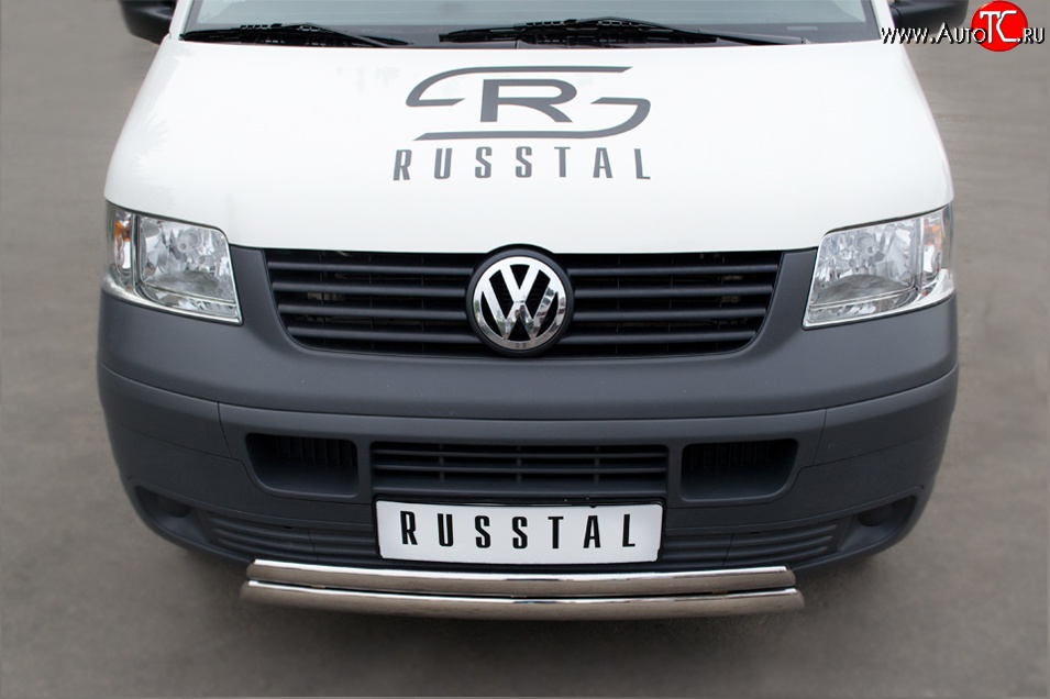 16 849 р. Защита переднего бампера (2 трубыØ75х42 мм, нержавейка) Russtal Volkswagen Transporter T5 дорестайлинг (2003-2009)  с доставкой в г. Пермь