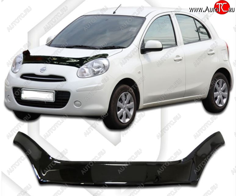 2 399 р. Дефлектор капота CA-Plastiс exclusive Nissan Micra K13 5 дв. дорестайлинг (2010-2013) (Classic черный, Без надписи)  с доставкой в г. Пермь