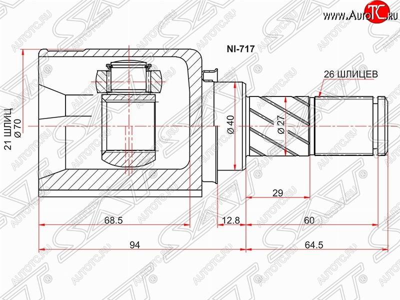 2 899 р. Шрус (внутренний/правый) SAT (21*26*40 мм) Nissan Note 1 E11 дорестайлинг (2004-2008)  с доставкой в г. Пермь