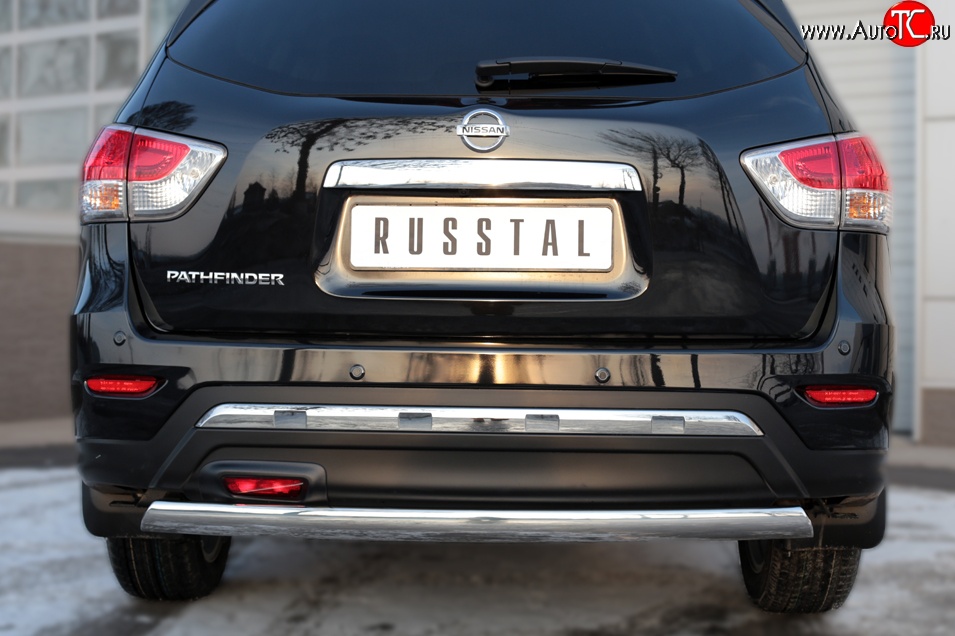 11 599 р. Защита заднего бампера (Ø75x42 мм, нержавейка) Russtal Nissan Pathfinder R52 дорестайлинг (2012-2017)  с доставкой в г. Пермь