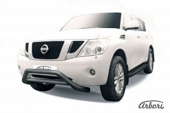 Защита переднего бампера Arbori (низкая, черная, 1 труба d76 mm). Nissan Patrol  6 (2010-2014) Y62 дорестайлинг