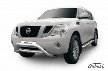Защита переднего бампера Arbori (низкая, нержавейка, 1 труба d76 mm). Nissan Patrol  6 (2010-2014) Y62 дорестайлинг