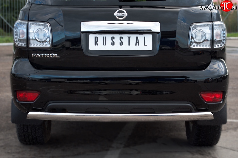 11 599 р. Защита заднего бампера из овальной трубы диаметром 75x42 мм Russtal Nissan Patrol 6 Y62 дорестайлинг (2010-2014)  с доставкой в г. Пермь