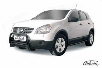 Защита переднего бампера Arbori (низкая, черная, 1 труба d57 mm). Nissan Qashqai 1 дорестайлинг (2007-2010)