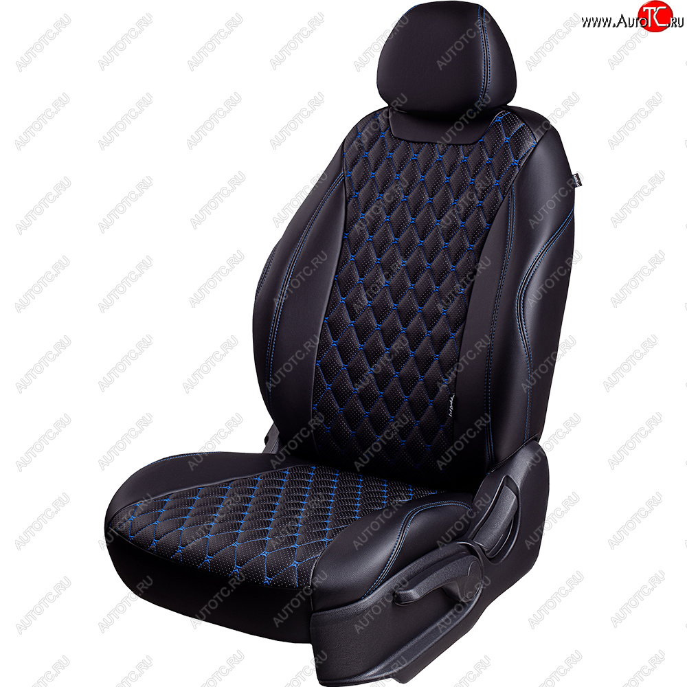19 649 р. Чехлы для сидений Lord Autofashion Байрон (экокожа, 60/40, подлокотник, 3 Г-образных подголовника) Nissan Qashqai 2 J11 дорестайлинг (2013-2019) (Черный, вставка черная, строчка синяя)  с доставкой в г. Пермь