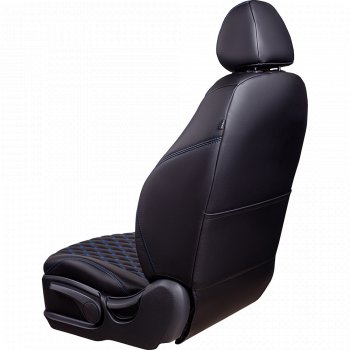 19 649 р. Чехлы для сидений Lord Autofashion Байрон (экокожа, 60/40, подлокотник, 3 Г-образных подголовника) Nissan Qashqai 2 J11 дорестайлинг (2013-2019) (Черный, вставка черная, строчка синяя)  с доставкой в г. Пермь. Увеличить фотографию 2