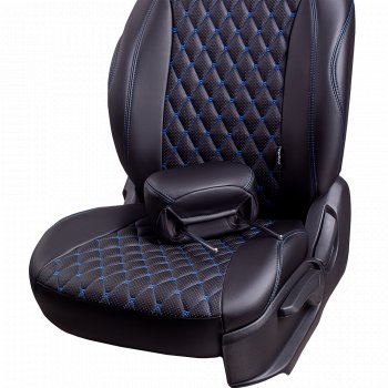 19 649 р. Чехлы для сидений Lord Autofashion Байрон (экокожа, 60/40, подлокотник, 3 Г-образных подголовника) Nissan Qashqai 2 J11 дорестайлинг (2013-2019) (Черный, вставка черная, строчка синяя)  с доставкой в г. Пермь. Увеличить фотографию 5