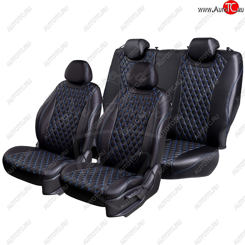13 949 р. Чехлы для сидений Lord Autofashion Байрон (экокожа, 60/40, 2 П- и 1 Г-образных подголовника)  Nissan Terrano  D10 (2016-2022), Renault Duster  HS (2015-2021) (Черный, вставка черная, строчка синяя)  с доставкой в г. Пермь