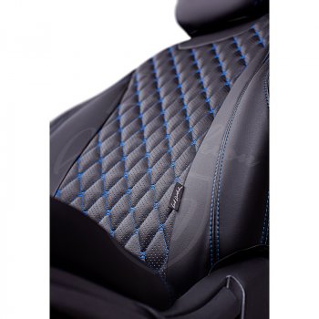 13 949 р. Чехлы для сидений Lord Autofashion Байрон (экокожа, 60/40, 2 П- и 1 Г-образных подголовника)  Nissan Terrano  D10 (2016-2022), Renault Duster  HS (2015-2021) (Черный, вставка черная, строчка синяя)  с доставкой в г. Пермь. Увеличить фотографию 3