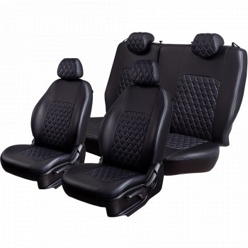 Чехлы для сидений Lord Autofashion Турин Ромб (экокожа, 60/40, 2 П- и 1 Г-образных подголовника) Nissan Terrano  D10 (2016-2022) рестайлинг (Черный, вставка черная, строчка синяя)