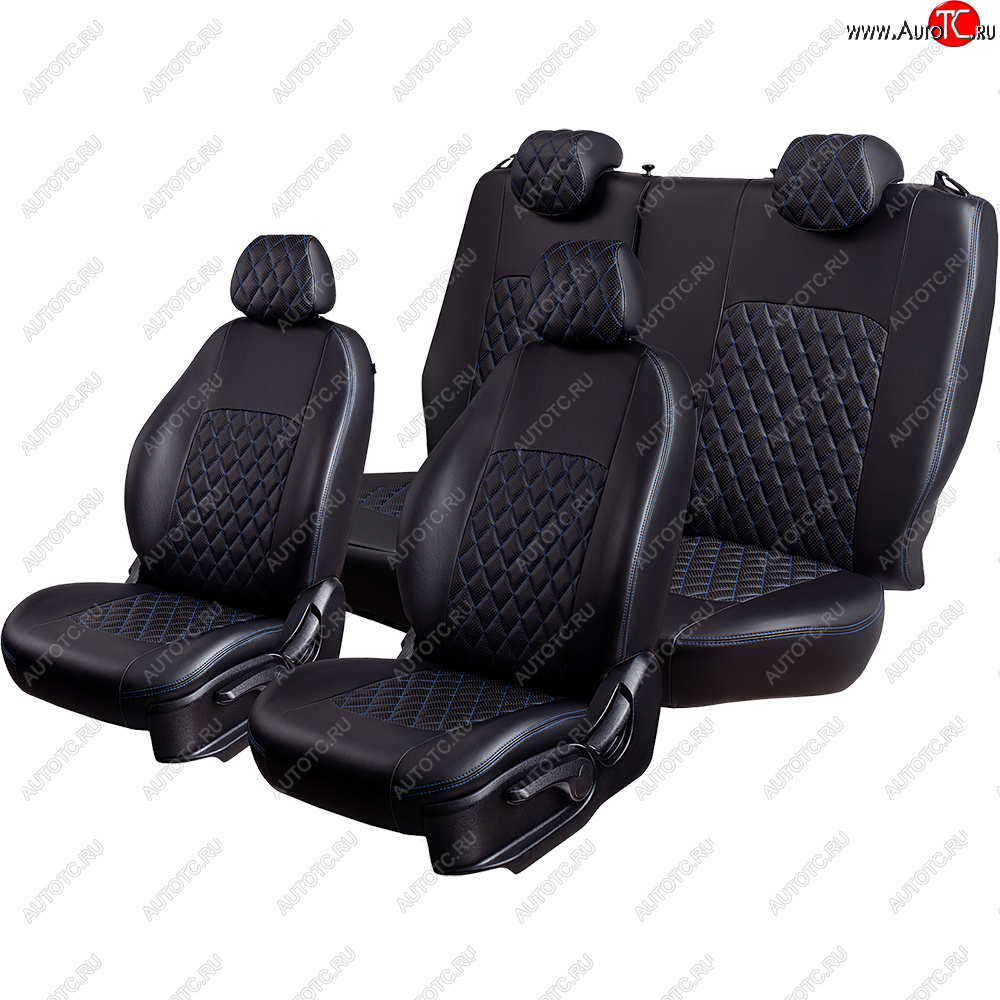 9 449 р. Чехлы для сидений Lord Autofashion Турин Ромб (экокожа, 60/40, 2 П- и 1 Г-образных подголовника)  Nissan Terrano  D10 (2016-2022) рестайлинг (Черный, вставка черная, строчка синяя)  с доставкой в г. Пермь
