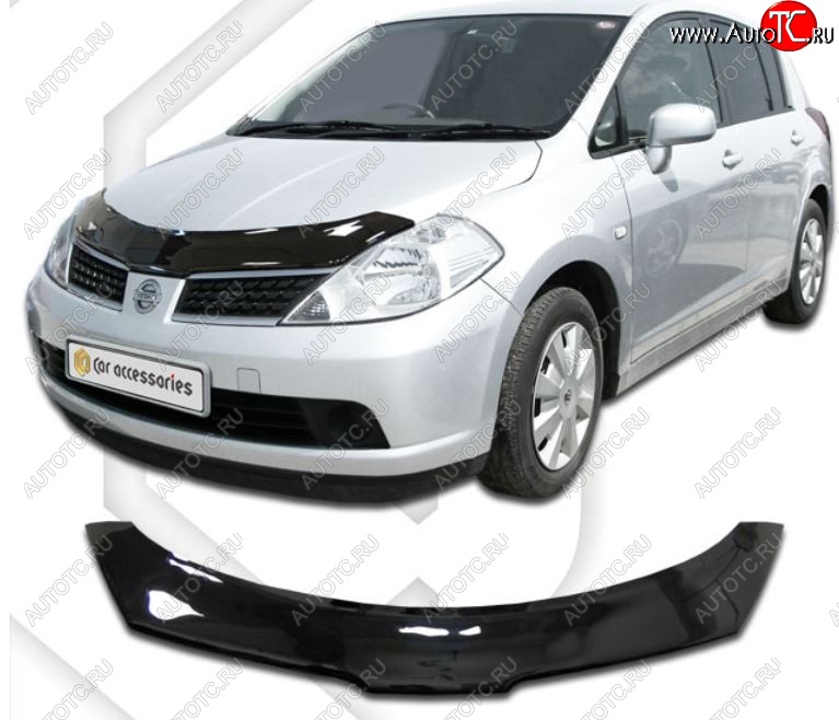 2 159 р. Дефлектор капота CA-Plastic Nissan Tiida 1 хэтчбэк C11 дорестайлинг, Япония (2004-2007) (серия Classic черный, Без надписи)  с доставкой в г. Пермь