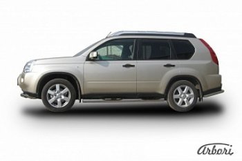Защита штатных порогов Arbori (с проступью, нержавейка, d76 mm). Nissan X-trail  2 T31 (2007-2011) дорестайлинг
