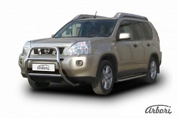 Защита переднего бампера Arbori (высокая, нержавейка, 1 труба d76 mm). Nissan X-trail  2 T31 (2007-2011) дорестайлинг