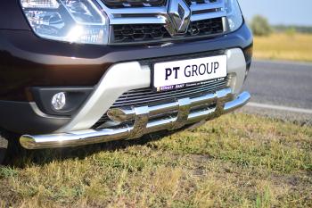 27 199 р. Защита переднего бампера PT GROUP двойная с пластинами Ø63/63мм (НПС) RENAULT Duster 2016-  Renault Duster  HS (2015-2021) рестайлинг (Нержавеющая полированная сталь)  с доставкой в г. Пермь. Увеличить фотографию 4
