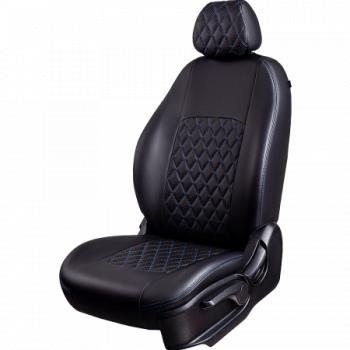 Комплект чехлов для сидений (РЗС 60/40 3Г Илана+Орегон) ТУРИН ст РОМБ Lord Autofashion Nissan Almera N16 седан дорестайлинг (2000-2003) (черный, вставка черная+синяя, строчка синяя)