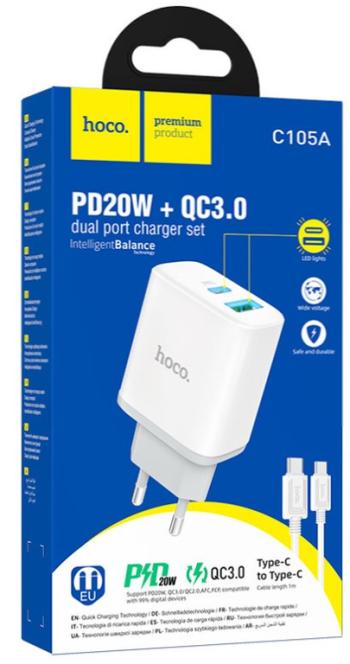 469 р. Устройство зарядное в розетку 1USB + 1 Type C 220V HOCO HOCO c105a white  с доставкой в г. Пермь. Увеличить фотографию 5