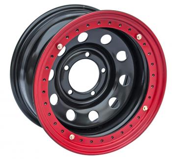 11 769 р. Диск усиленный УАЗ стальной черный 5x139,7 8xR16 d110 ET-19 с псевдо бедлоком (красный) OFF-ROAD Wheels bd1680-53910bl-19-r  с доставкой в г. Пермь. Увеличить фотографию 1