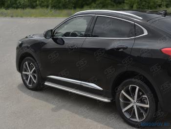 Пороги труба d42 с листом SLITKOFF Haval F7x (2022-2024) рестайлинг (лист нержавейка, проф. нержавейка)