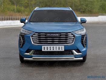 Защита переднего бампера d63 секции d42 дуга (кроме COMFORT) SLITKOFF Haval Jolion дорестайлинг (2020-2024) (нержавейка полированная)