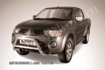 Защита переднего бампера кенгурятник d76 низкий Slitkoff Mitsubishi L200  4 (2006-2014)  дорестайлинг (Сталь с полимерным покрытием в цвет серебристый)