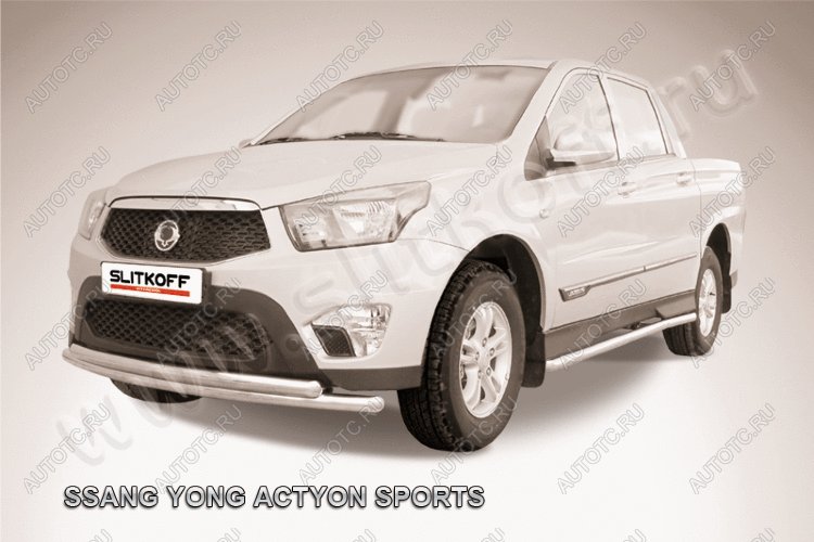 13 999 р. Защита переднего бампера d57+d57 двойная радиусная Slitkoff  SSANGYONG Actyon Sport (2012-2025) (нержавейка полированная)  с доставкой в г. Пермь