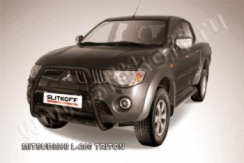 Защита переднего бампера кенгурятник d57 высокий (Triton) Slitkoff Mitsubishi L200  4 (2006-2014)  дорестайлинг (Сталь с полимерным покрытием в цвет черный)