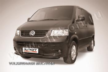 Защита переднего бампера d57+d57 двойная Slitkoff Volkswagen Multivan  T5 (2003-2015)  дорестайлинг, рестайлинг ( Сталь с полимерным покрытием в цвет черный)