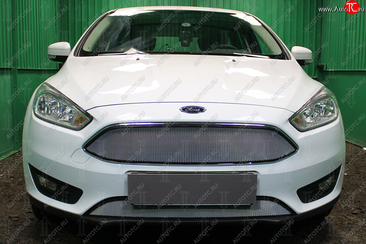 2 899 р. Защитная сетка в бампер (низ, ячейка 3х7 мм) Alfeco Стандарт  Ford Focus  3 (2014-2019) седан рестайлинг, универсал рестайлинг, хэтчбэк рестайлинг (Хром)  с доставкой в г. Пермь