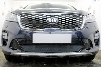Защитная сетка в бампер (низ, ячейка 3х7 мм) Alfeco Стандарт KIA Sorento  UM/Prime (2018-2020) рестайлинг (Чёрная)
