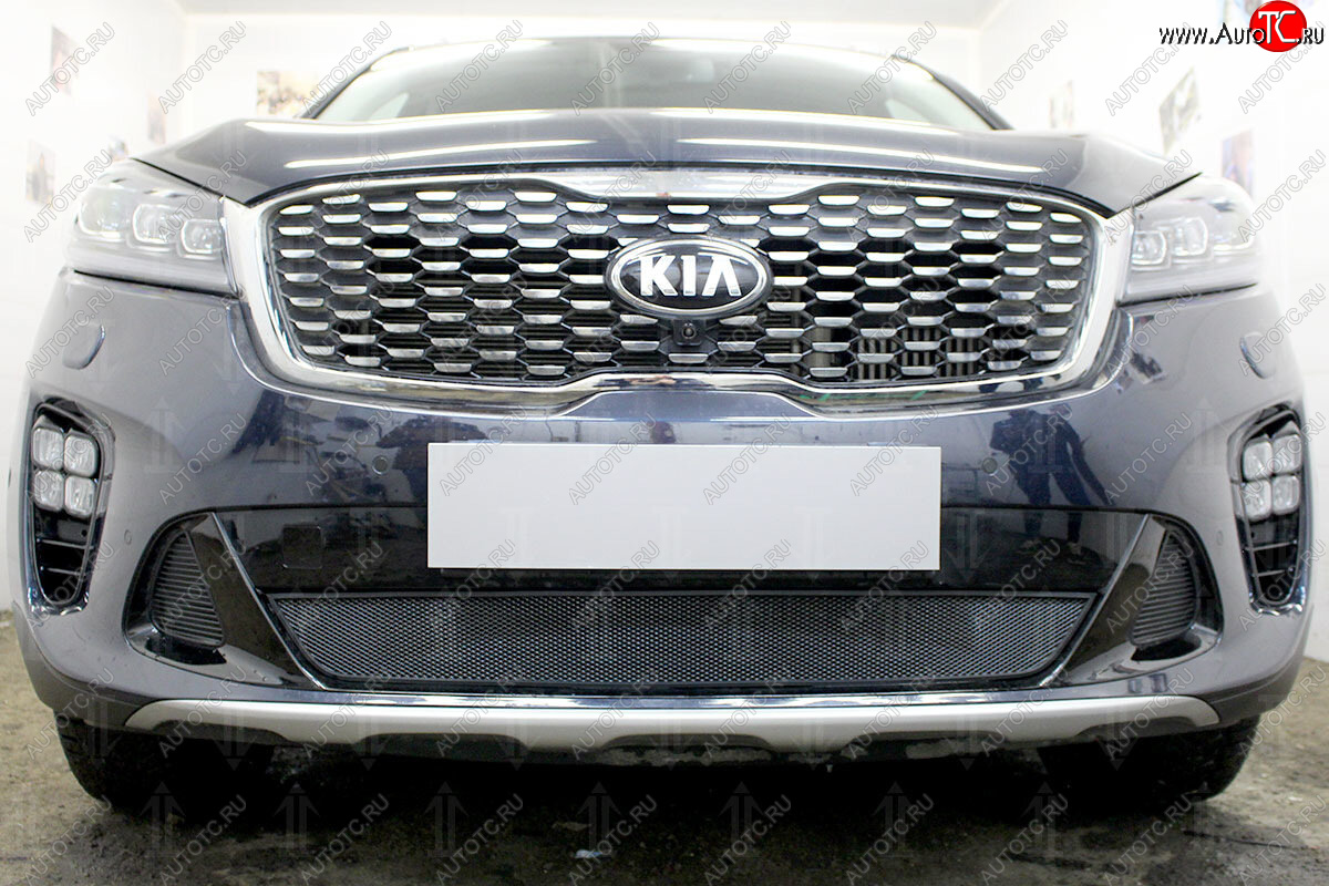 3 079 р. Защитная сетка в бампер (низ, ячейка 3х7 мм) Alfeco Стандарт  KIA Sorento  UM/Prime (2018-2020) рестайлинг (Чёрная)  с доставкой в г. Пермь