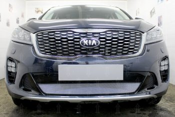 Защитная сетка в бампер (низ, ячейка 3х7 мм) Alfeco Стандарт KIA Sorento  UM/Prime (2018-2020) рестайлинг (Хром)