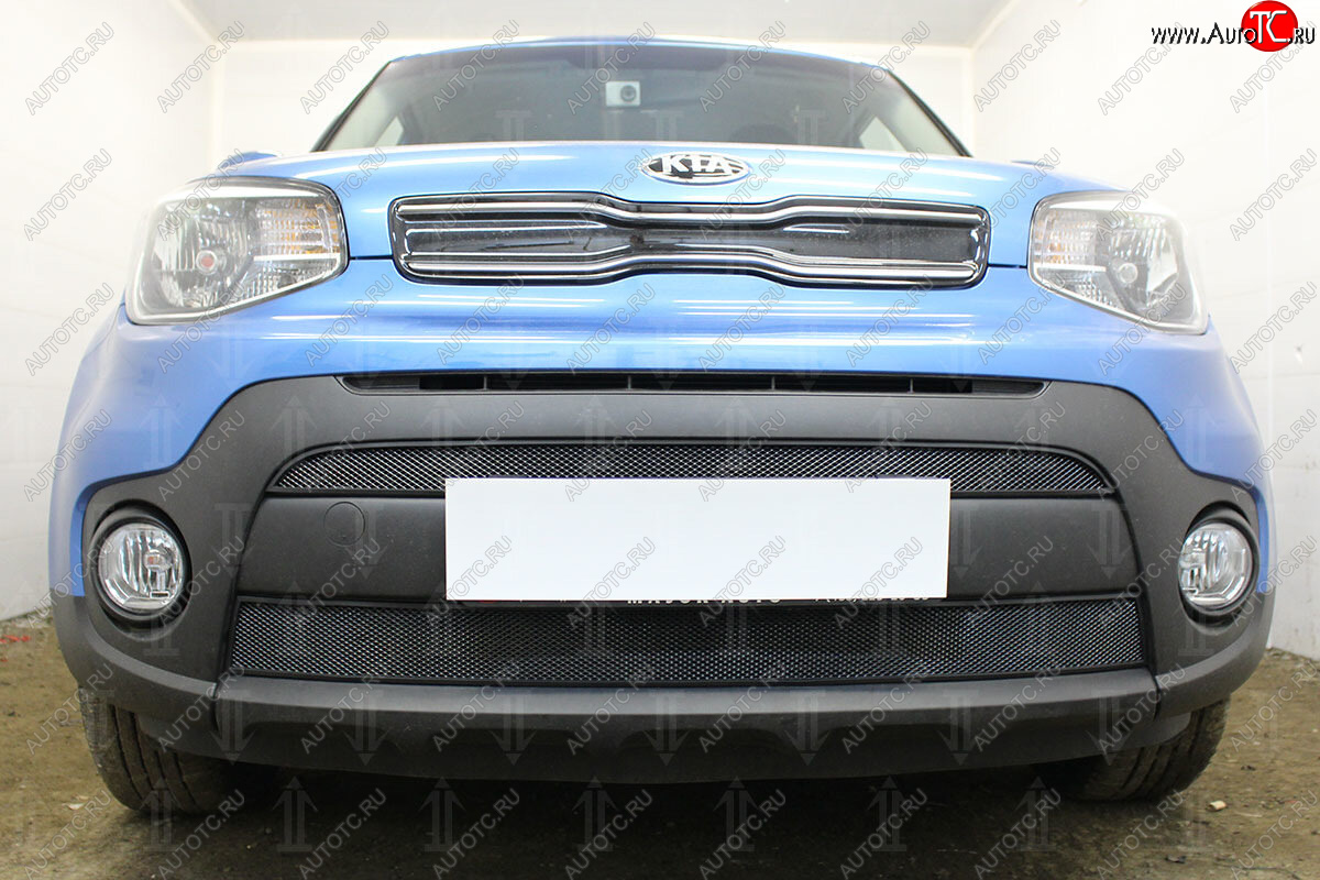 4 849 р. Защитная сетка в бампер (2 части, ячейка 3х7 мм) Alfeco Стандарт KIA Soul PS рестайлинг (2017-2019) (Чёрная)  с доставкой в г. Пермь