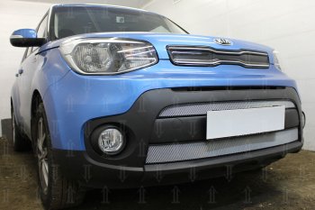 4 999 р. Защитная сетка в бампер (2 части, ячейка 3х7 мм) Alfeco Стандарт KIA Soul PS рестайлинг (2017-2019) (Хром)  с доставкой в г. Пермь. Увеличить фотографию 2
