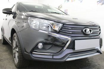 3 089 р. Защитная сетка в бампер (низ, 2 части, ячейка 3х7 мм) Alfeco Стандарт Лада Веста 2180 седан дорестайлинг (2015-2023) (Хром)  с доставкой в г. Пермь. Увеличить фотографию 3