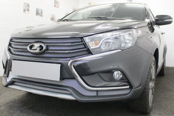 4 379 р. Защитная сетка в бампер (верхние, 4 части, ячейка 3х7 мм) Alfeco Стандарт Лада Веста 2180 седан дорестайлинг (2015-2023) (Хром)  с доставкой в г. Пермь. Увеличить фотографию 4