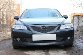 Защитная сетка в бампер (низ, ячейка 3х7 мм) Alfeco Стандарт Mazda 6 GG лифтбэк дорестайлинг (2002-2005) (Чёрная)